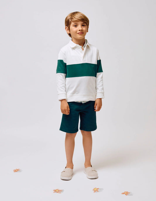 Cotton Polo Sweatshirt for Boys, White/Green