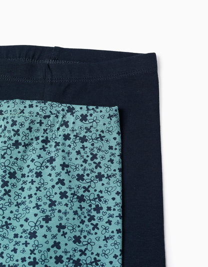Pack of 2 Floral/Smooth Leggings for Baby Girls, Green/Blue