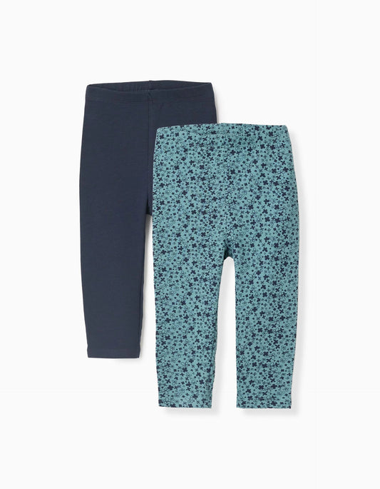 Pack of 2 Floral/Smooth Leggings for Baby Girls, Green/Blue