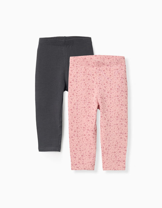 Pack of 2 Floral/Smooth Leggings for Baby Girls, Pink/Grey
