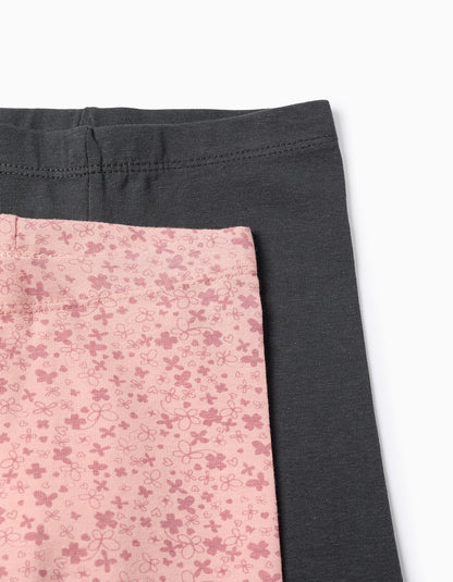 Pack of 2 Floral/Smooth Leggings for Baby Girls, Pink/Grey