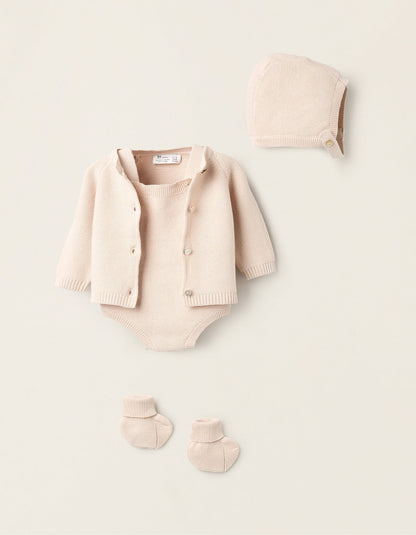 4-Piece Knitted Set in Cotton for Newborns, Beige