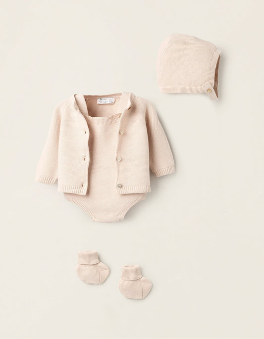 4-Piece Knitted Set in Cotton for Newborns, Beige