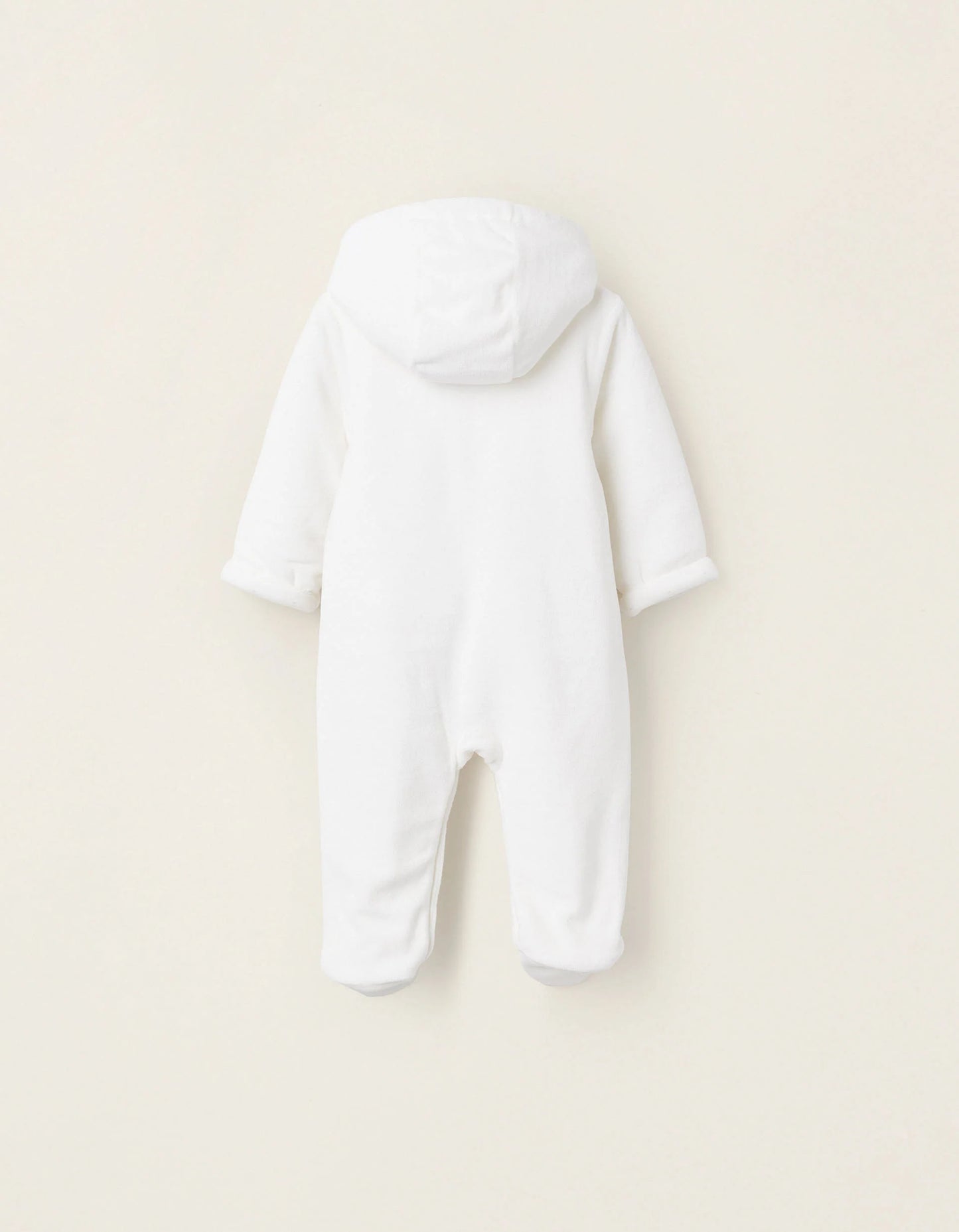 Padded Velvet Sleepsuit with Hood and Embroidery for Newborns, White