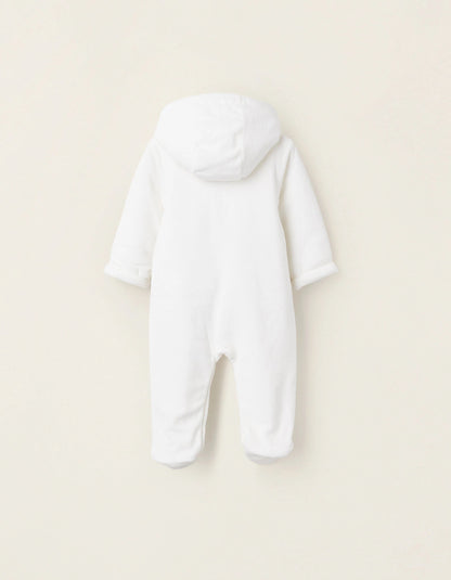 Padded Velvet Sleepsuit with Hood and Embroidery for Newborns, White