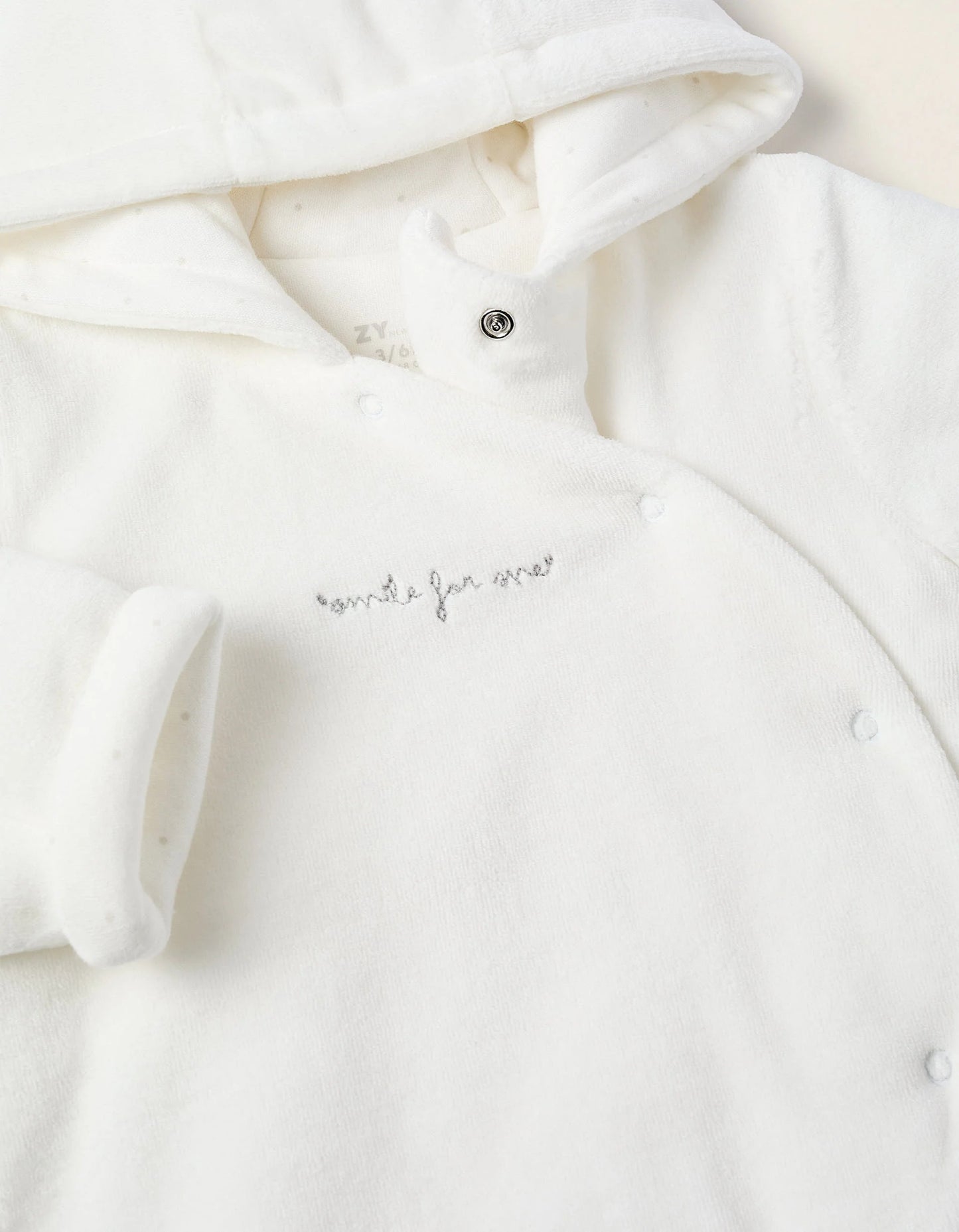 Padded Velvet Sleepsuit with Hood and Embroidery for Newborns, White