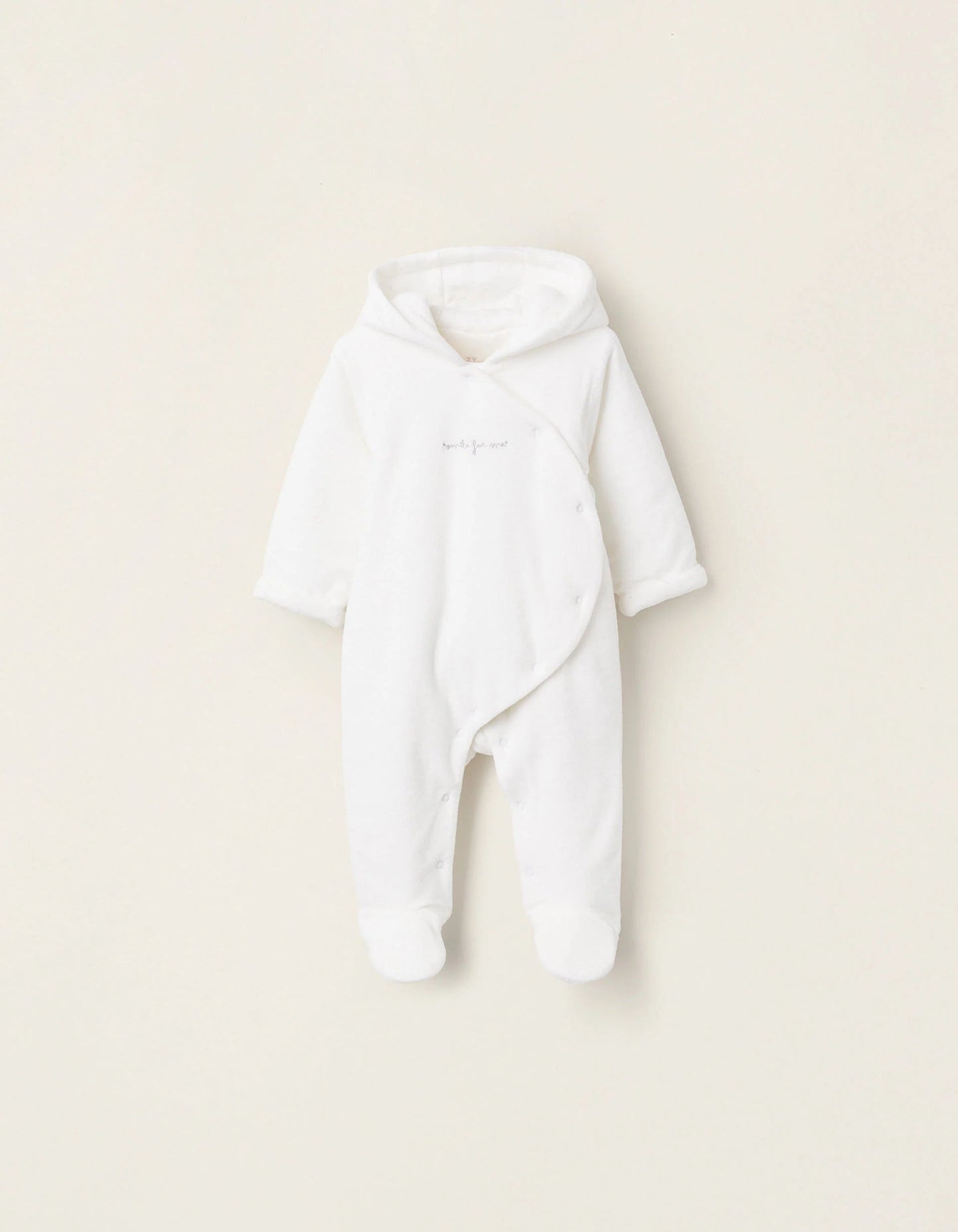 Padded Velvet Sleepsuit with Hood and Embroidery for Newborns, White