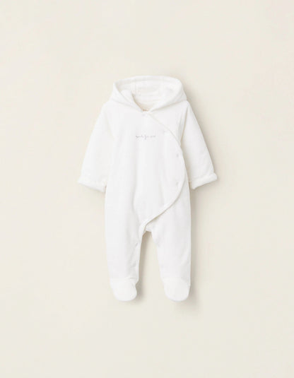 Padded Velvet Sleepsuit with Hood and Embroidery for Newborns, White