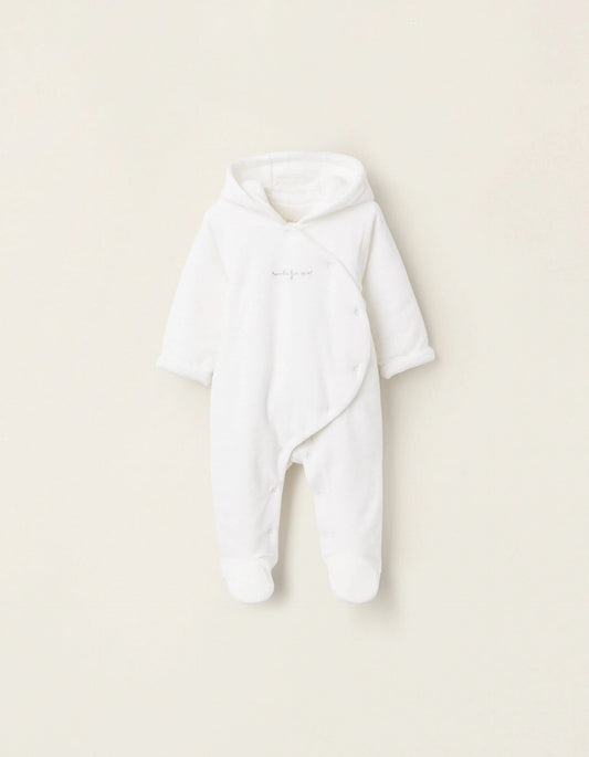 Padded Velvet Sleepsuit with Hood and Embroidery for Newborns, White