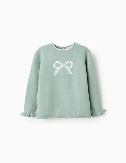 Jumper with Bow Jacquard and Ruffles for Girls, Green