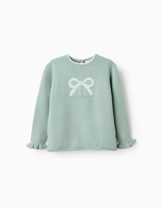 Jumper with Bow Jacquard and Ruffles for Girls, Green