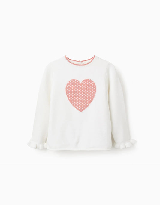 Heart Jacquard Jumper with Ruffles for Girls, White