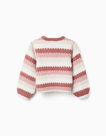Striped Knitted Jumper with Puffy Sleeves for Girls, Multicolour