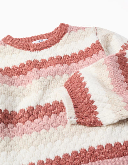 Striped Knitted Jumper with Puffy Sleeves for Girls, Multicolour