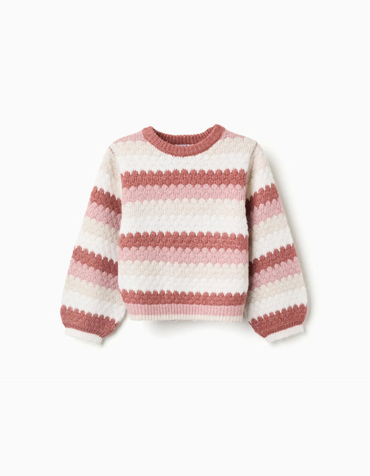 Striped Knitted Jumper with Puffy Sleeves for Girls, Multicolour