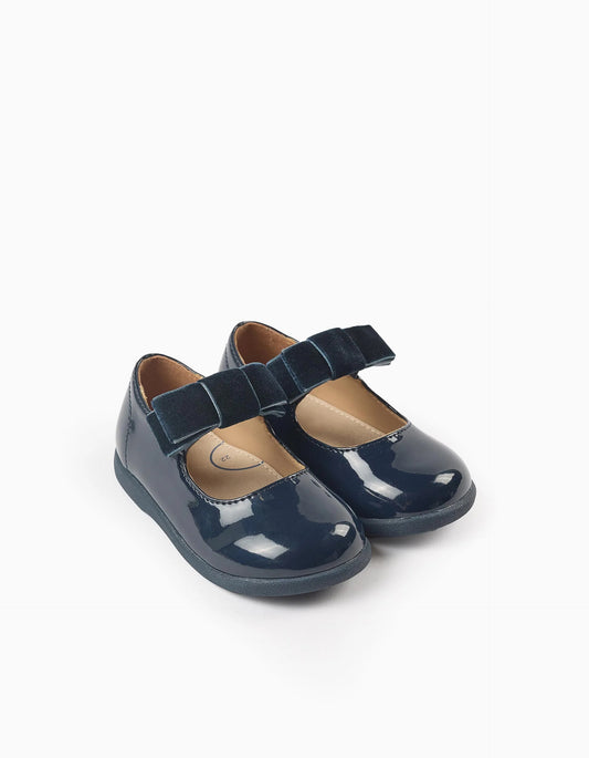 Patent Leather Ballerina Flats with Velvet Bow for Baby Girls, Dark Blue