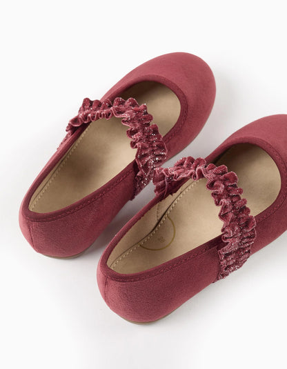 Velvet Mary Janes with Ruffles and Sparkles for Girls, Dark Pink