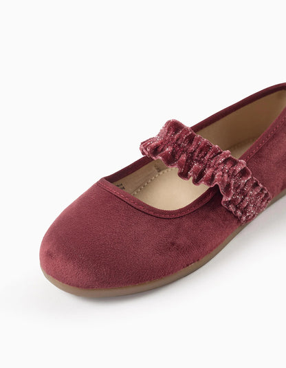 Velvet Mary Janes with Ruffles and Sparkles for Girls, Dark Pink