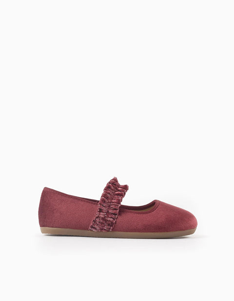 Velvet Mary Janes with Ruffles and Sparkles for Girls, Dark Pink