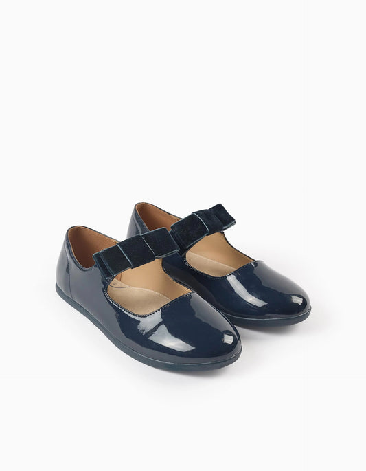 Patent Leather Ballerina Flats with Velvet Bow for Girls, Dark Blue