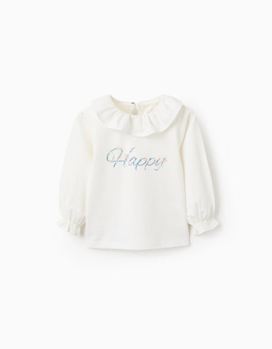 Long Sleeve Ruffle T-shirt for Baby Girls 'Happy', White