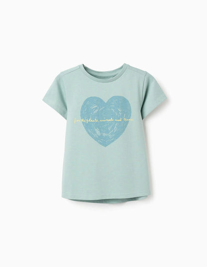 Cotton T-shirt with Heart Print for Girls, Light Green