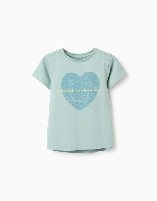 Cotton T-shirt with Heart Print for Girls, Light Green
