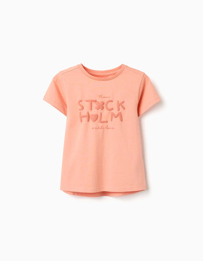 Cotton T-shirt with Stockholm Print for Girls, Light Orange
