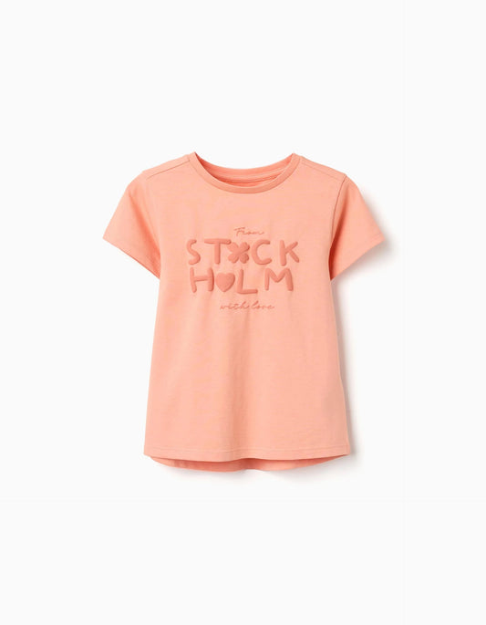 Cotton T-shirt with Stockholm Print for Girls, Light Orange