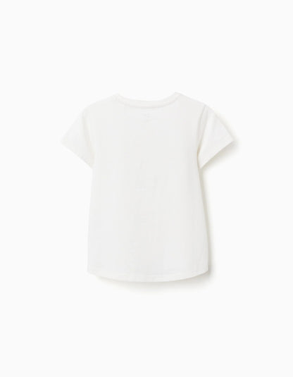 Cotton T-shirt with Flower Print for Girls, White/Green