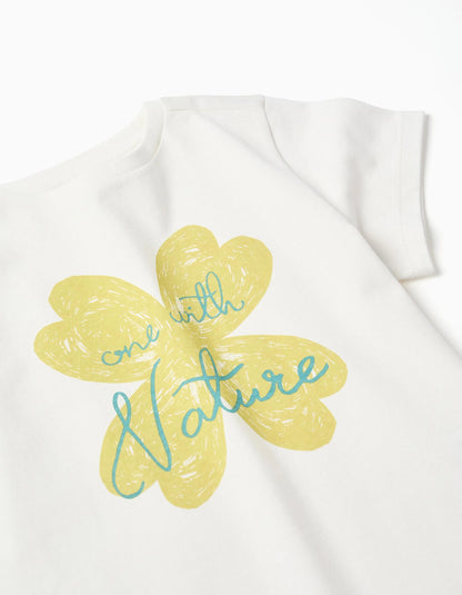 Cotton T-shirt with Flower Print for Girls, White/Green
