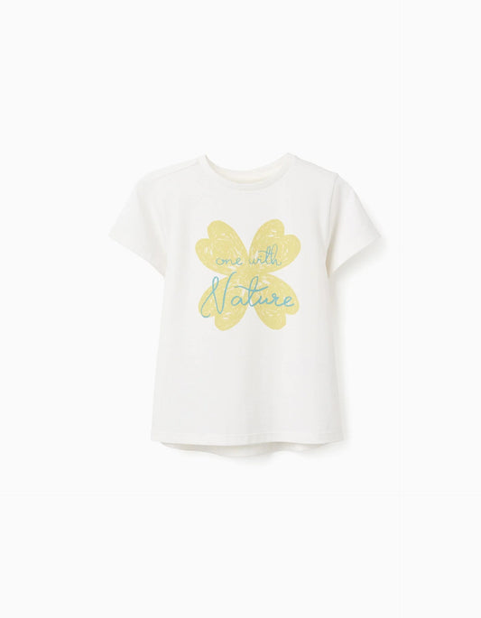 Cotton T-shirt with Flower Print for Girls, White/Green