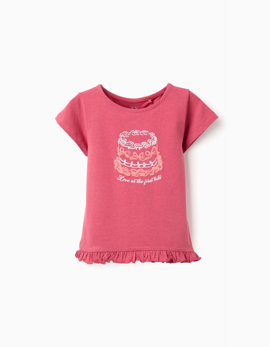 T-shirt with Printed Cake and Ruffle Hem for Girls, Pink