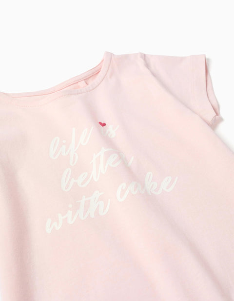 T-shirt with Front Print and Ruffle Hem for Girls, Light Pink