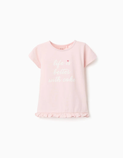 T-shirt with Front Print and Ruffle Hem for Girls, Light Pink