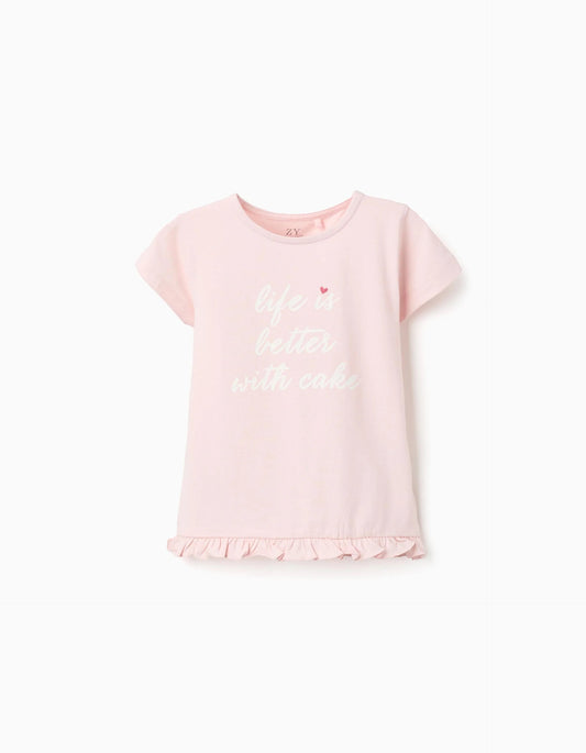T-shirt with Front Print and Ruffle Hem for Girls, Light Pink