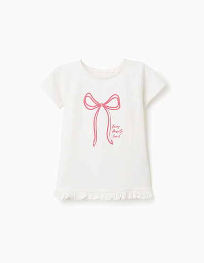 T-shirt with Printed Bow and Ruffle Hem for Girls, White