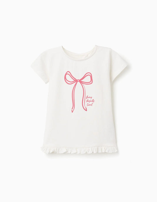 T-shirt with Printed Bow and Ruffle Hem for Girls, White