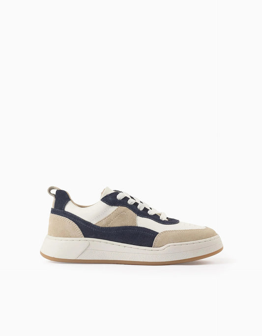 Trainers with Laces for Boys, White/Beige/Blue