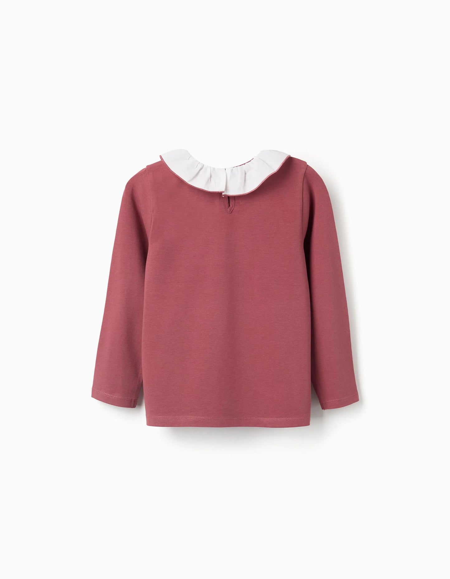 Long Sleeve T-shirt with Print and Ruffled Collar for Girls, Dark Pink