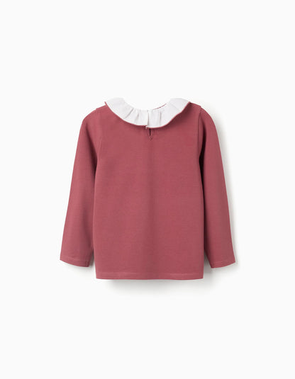 Long Sleeve T-shirt with Print and Ruffled Collar for Girls, Dark Pink