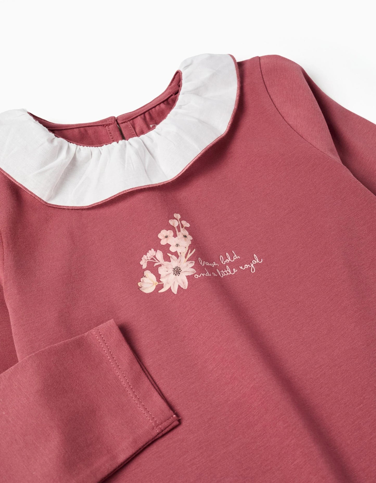 Long Sleeve T-shirt with Print and Ruffled Collar for Girls, Dark Pink