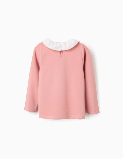 Long Sleeve T-shirt with Print and Ruffled Collar for Girls, Pink