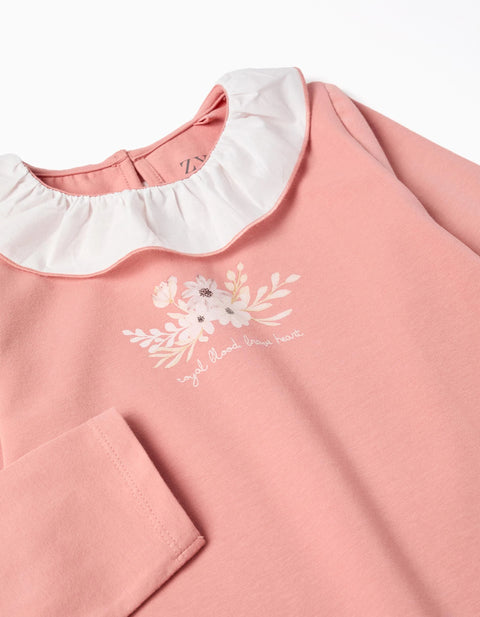 Long Sleeve T-shirt with Print and Ruffled Collar for Girls, Pink