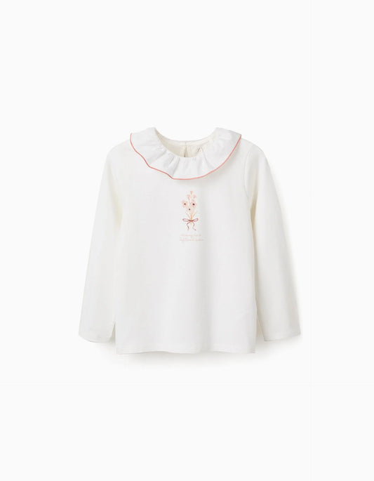 Long Sleeve T-shirt with Print and Ruffled Collar for Girls, White