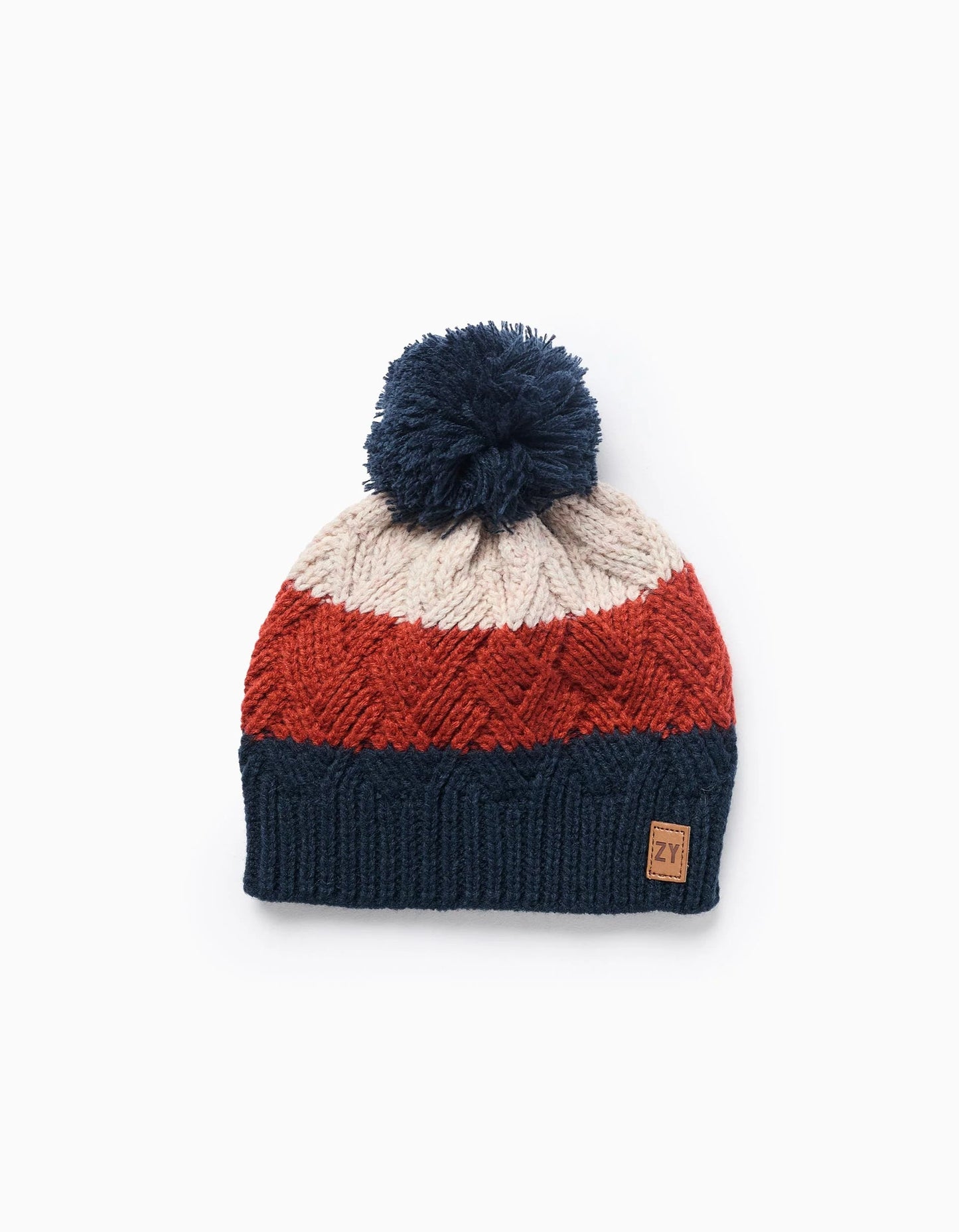 Striped Beanie with Pom Pom for Babies and Boys, Blue/Beige/Orange