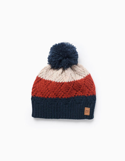 Striped Beanie with Pom Pom for Babies and Boys, Blue/Beige/Orange