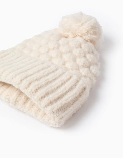 Textured Beanie + Scarf for Babies and Girls, Beige