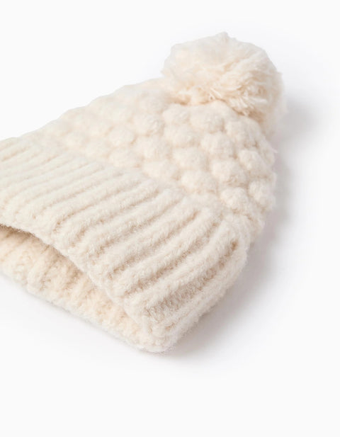 Textured Beanie + Scarf for Babies and Girls, Beige
