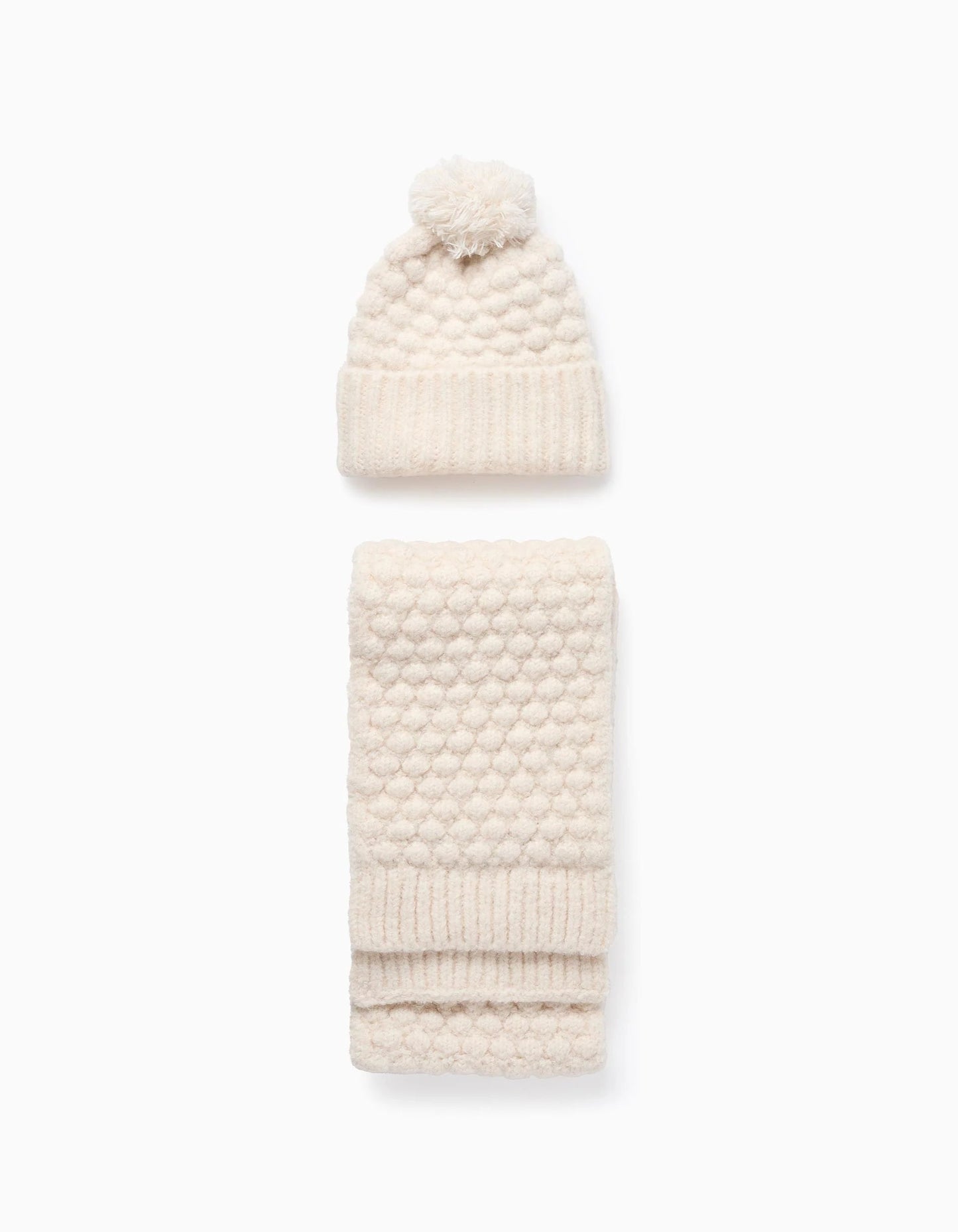 Textured Beanie + Scarf for Babies and Girls, Beige